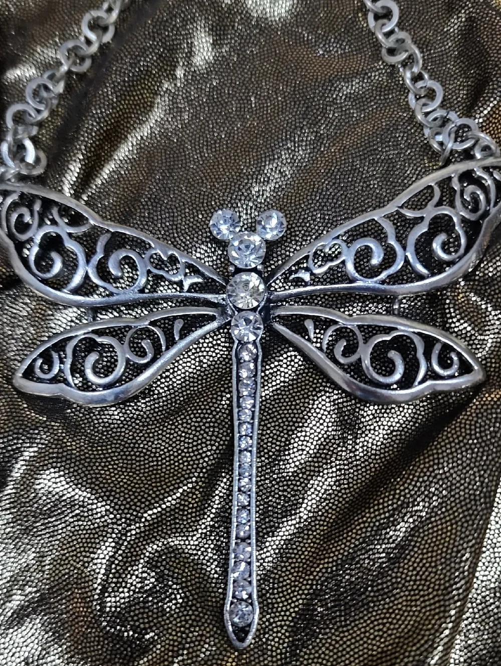 Filigree Dragonfly Pendant‎ Necklace in Silver with Clear Stones
